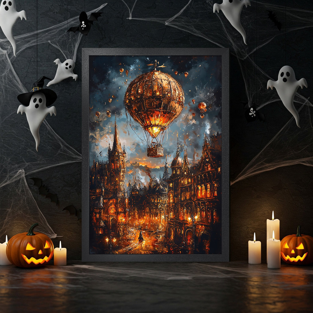 Framed Poster featuring a fantasy cityscape with a hot air balloon, in a warm, autumnal color palette. Perfect Halloween decor!