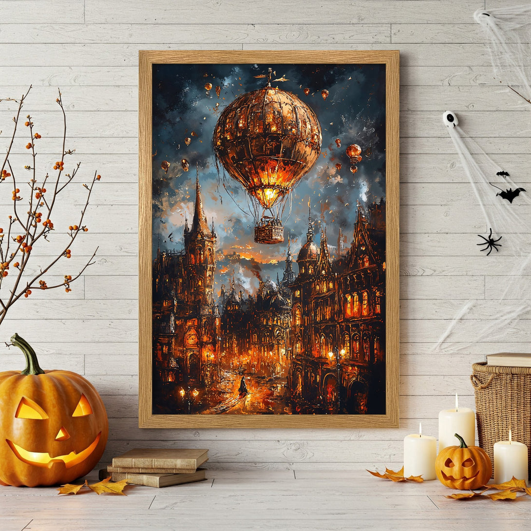 Framed Poster of a steampunk city with a hot air balloon, in a dark, warm color palette, perfect Halloween decor.