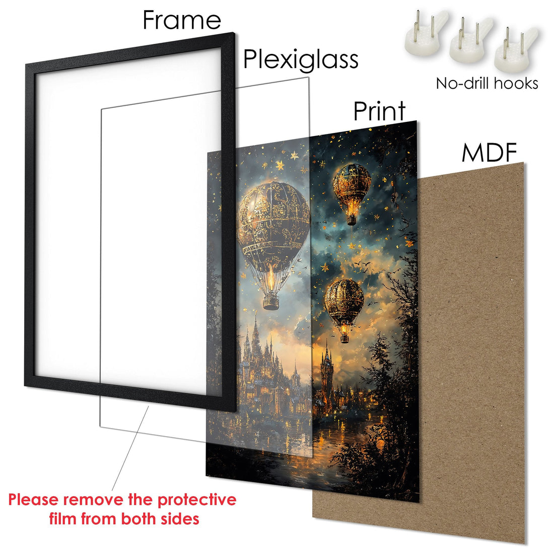 Framed Poster featuring fantasy hot air balloons over a castle, in a warm, golden color palette. Perfect wall art!