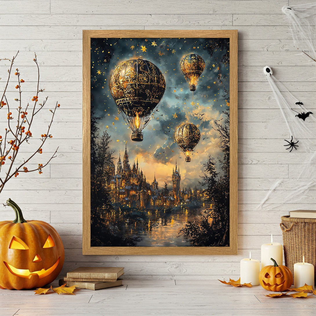 Framed Poster featuring a fantasy scene with hot air balloons, a castle, and a dark, warm color palette. Perfect Halloween decor!