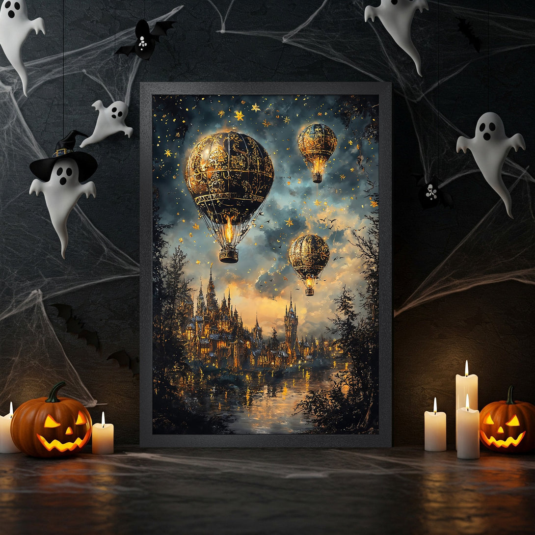 Framed Poster featuring a fantasy cityscape with hot air balloons, in a warm, golden color palette. Perfect Halloween decor!
