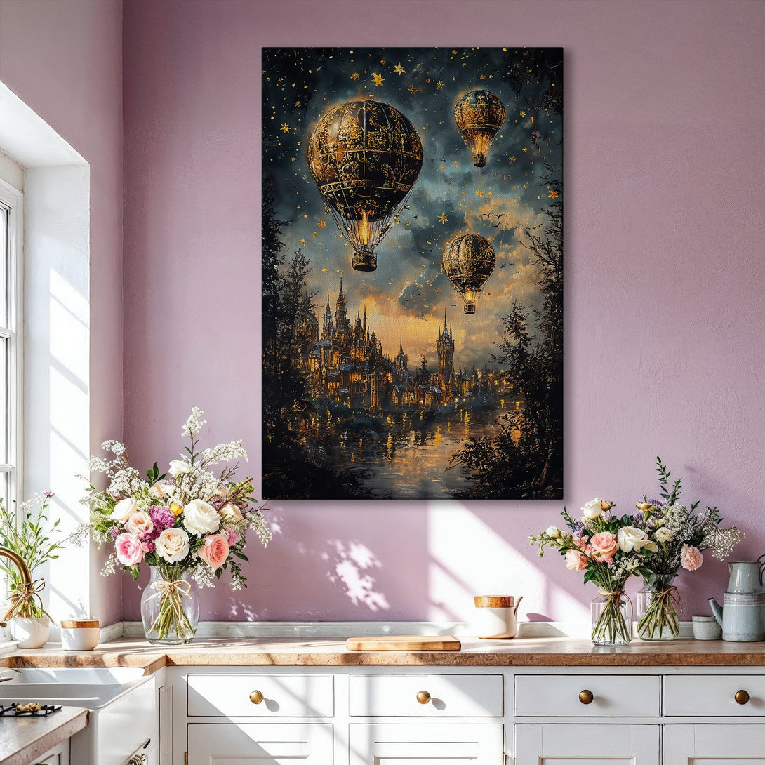 Framed Wall Art: Fantasy cityscape with hot air balloons in a dreamy, vintage style. Gold, black, and blue color palette. Perfect for living room decor.