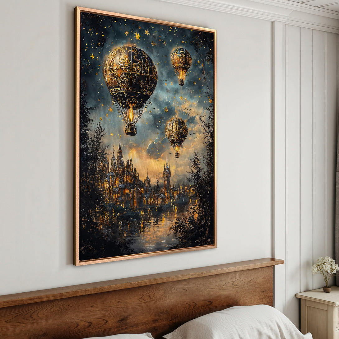 Framed Wall Art featuring whimsical hot air balloons over a fantasy city. Dark blue, gold, and orange color palette. Perfect for adding a touch of magic.