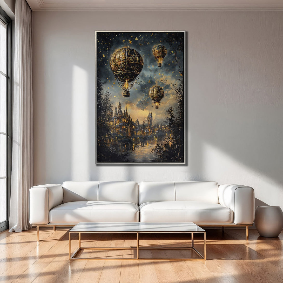 Framed Wall Art: Steampunk hot air balloon scene in a dark, moody color palette. Perfect for adding a touch of fantasy to your living room.