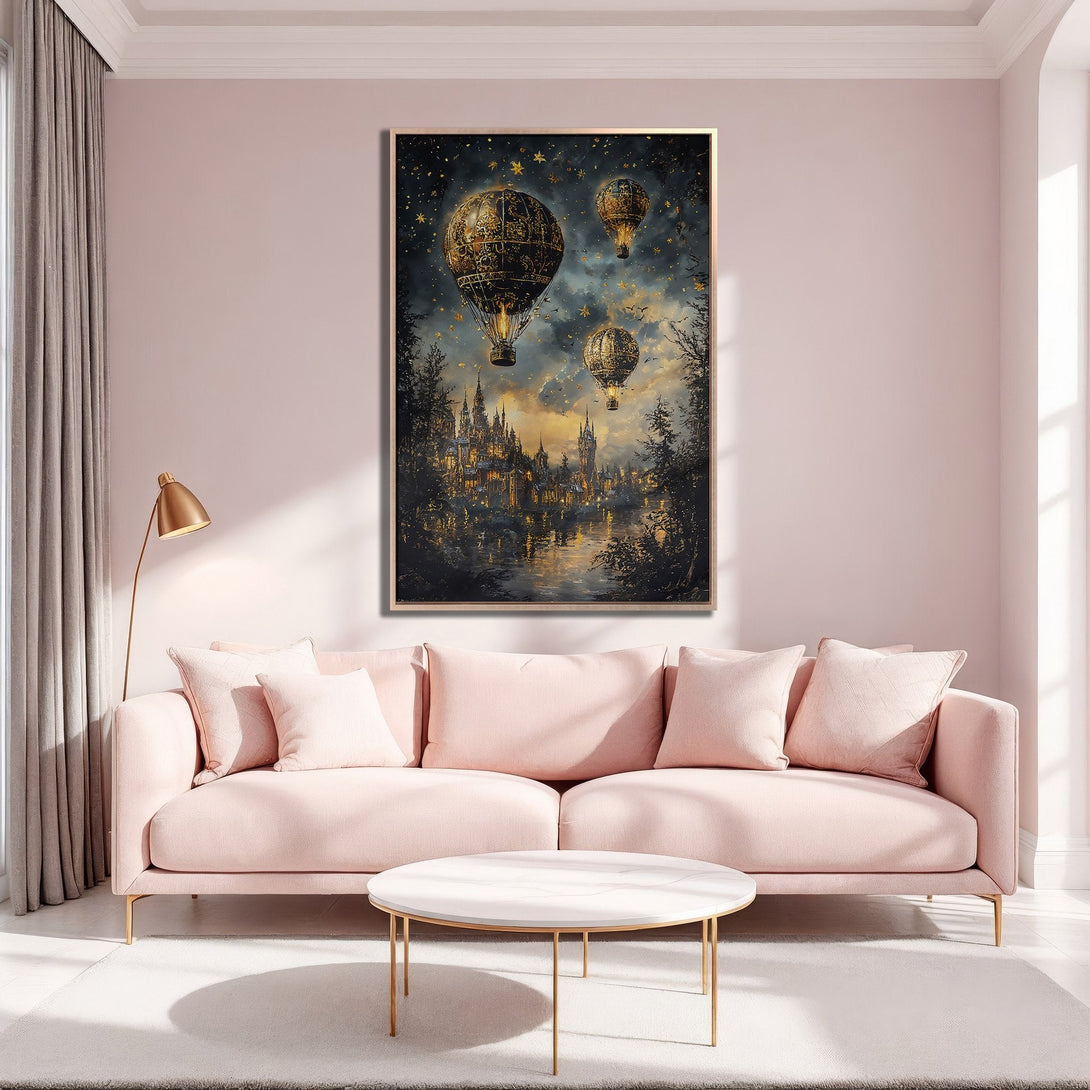 Framed Wall Art featuring fantasy hot air balloons over a city. Dark, moody tones with gold accents. Perfect for adding a touch of whimsy to your space.