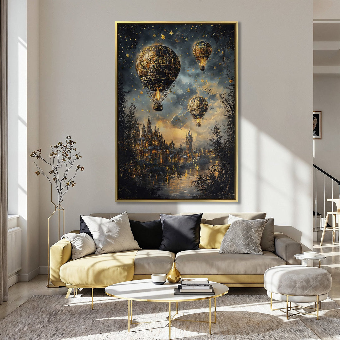 Canvas Print featuring a fantasy cityscape with hot air balloons, in a dark, warm color palette. Perfect wall art for a magical touch.