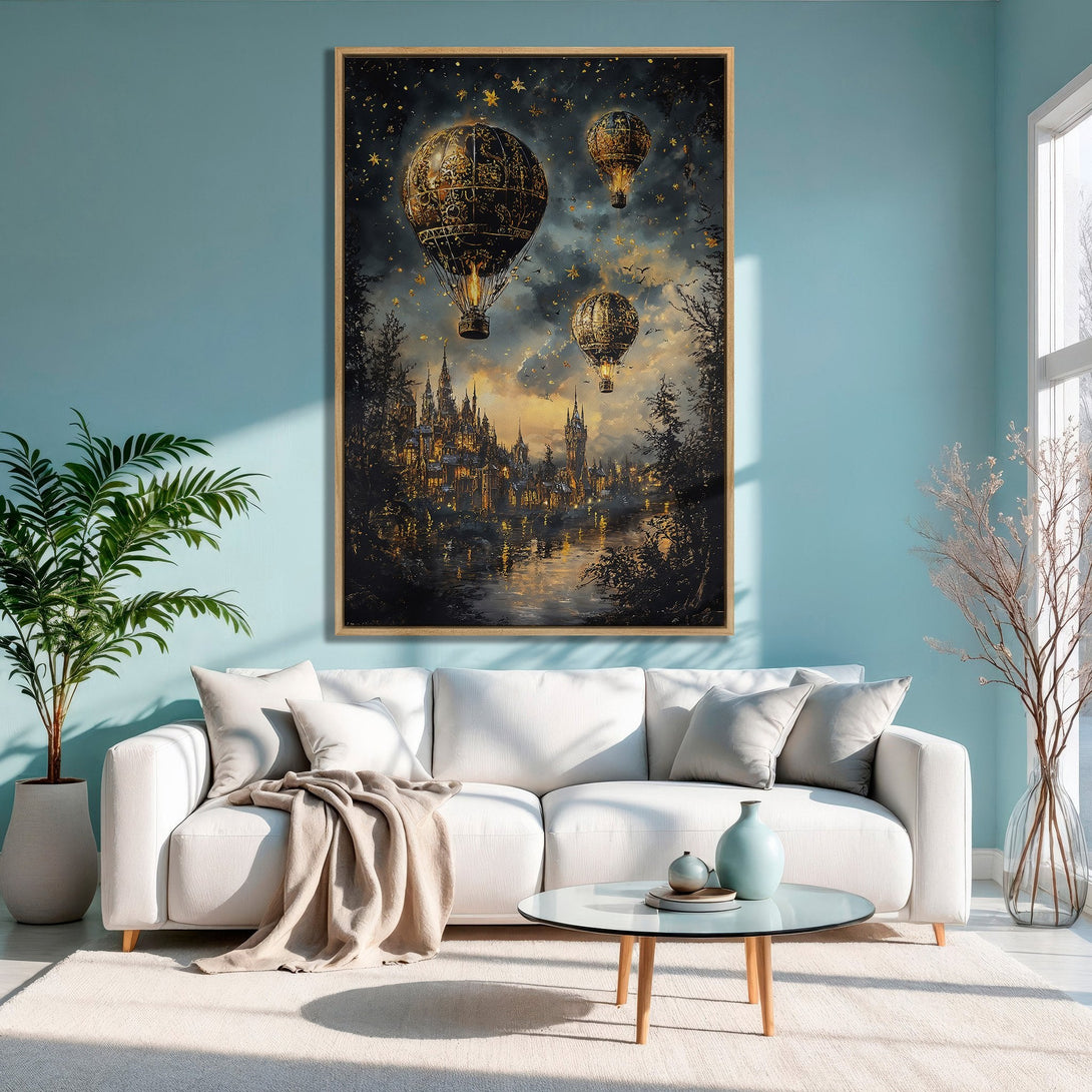 Framed Wall Art: Fantasy hot air balloon scene in gold and black, displayed in a modern living room with a teal wall and white sofa.
