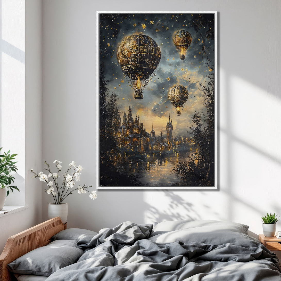 Framed Wall Art: Fantasy hot air balloon scene in gold and navy. Whimsical art print for bedroom decor.