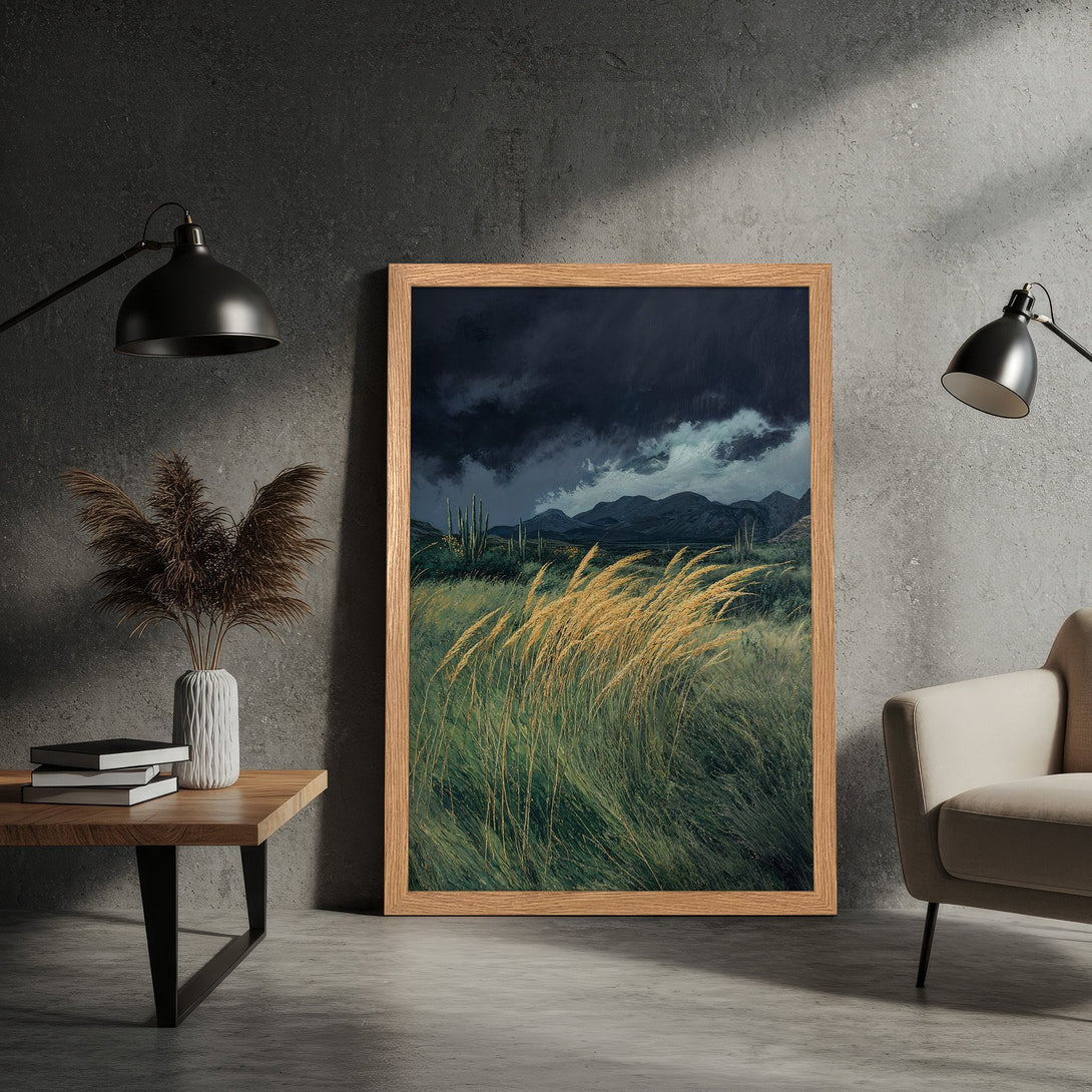 Framed Poster of a dramatic landscape painting. Features a moody, dark color palette with greens, yellows, and blues. Perfect wall art!