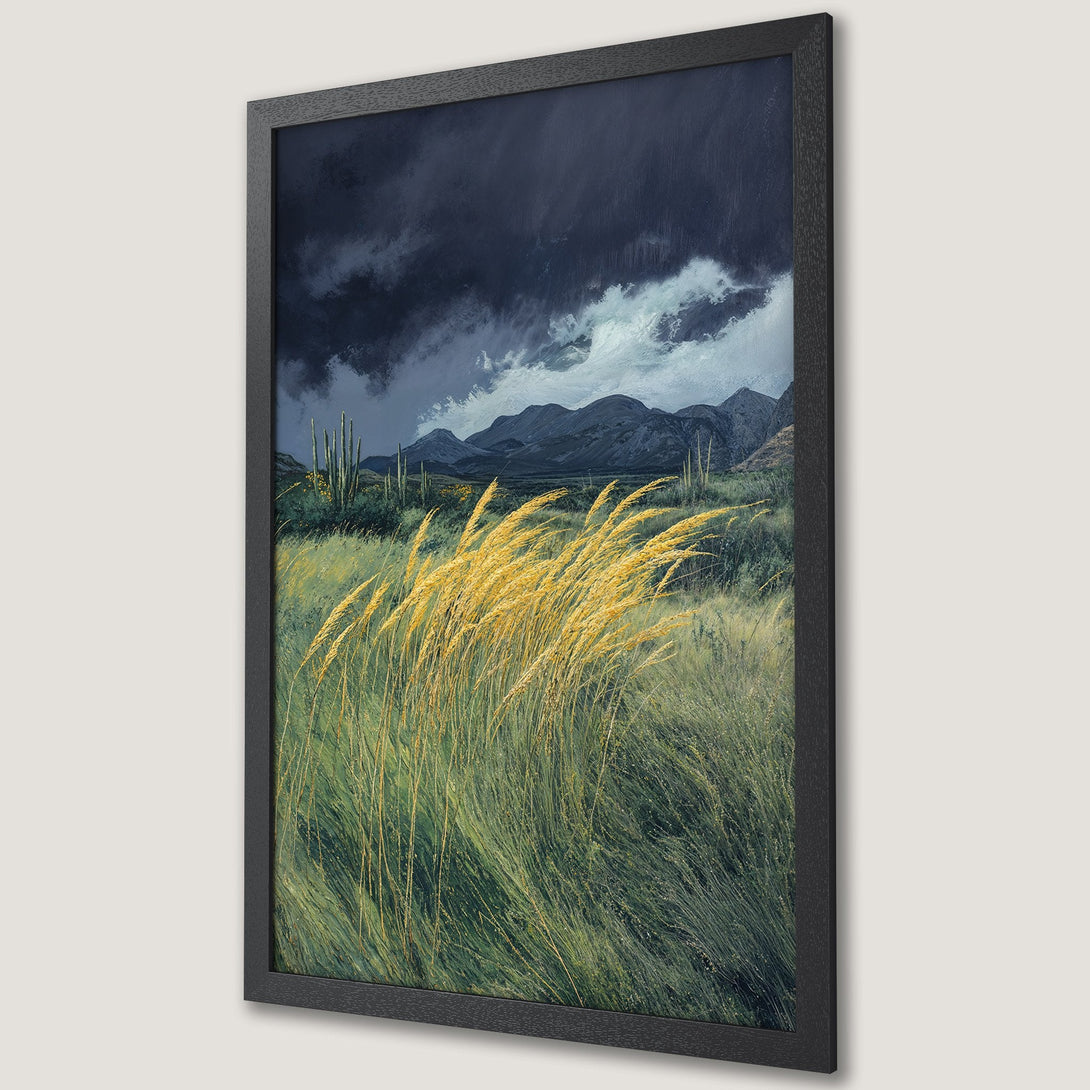 Framed Poster of a desert landscape with a dark sky, mountains, and golden grasses. Earthy tones and a dramatic style.