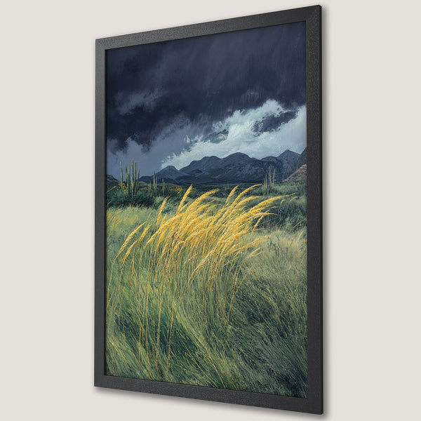 Framed Poster of a desert landscape with a dark sky, mountains, and golden grasses. Earthy tones and a dramatic style.