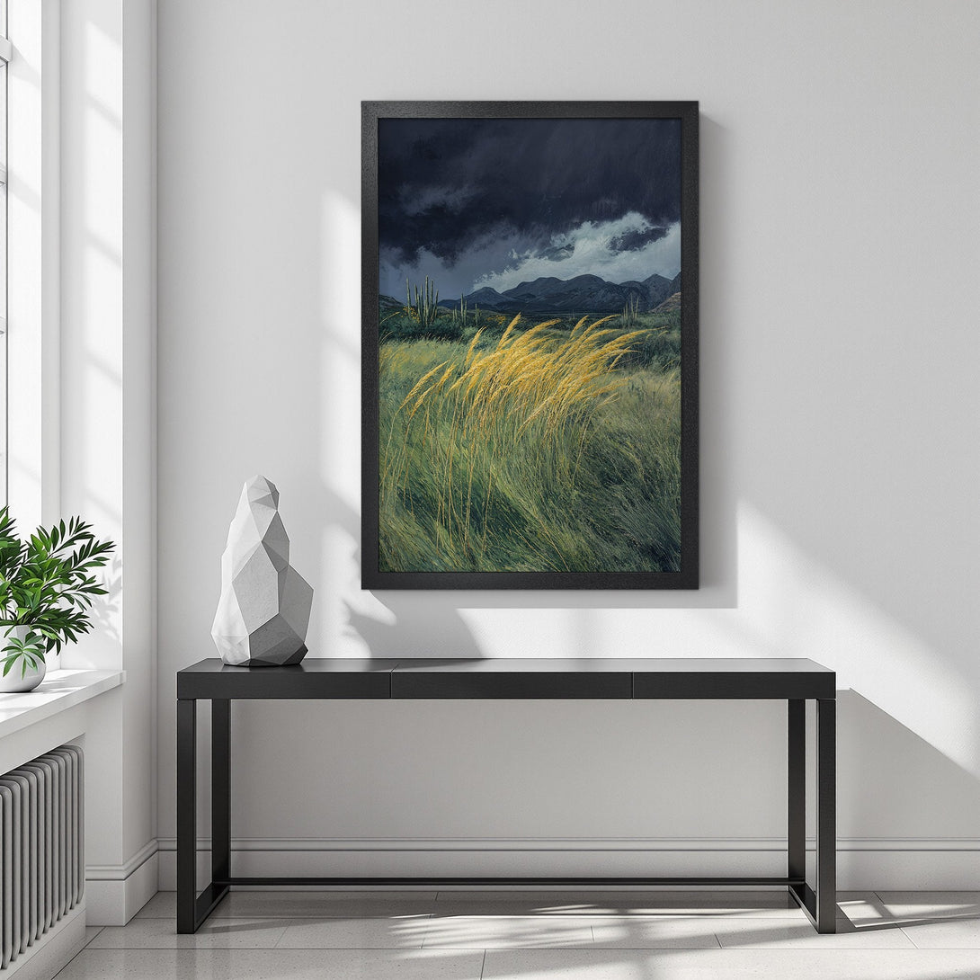 Framed Poster featuring a desert landscape with a moody, dramatic sky. Earthy tones of green, yellow, and blue create a captivating art piece.