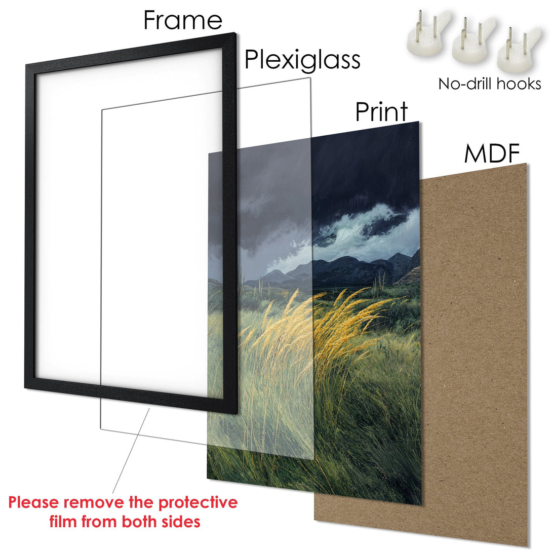 Framed Poster of a landscape with a moody sky and golden grass. Earthy tones and dramatic art style. Ready to hang!