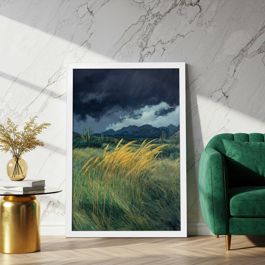 Framed Poster of a dramatic landscape painting. Featuring a moody sky and golden grasses. Earthy tones with green and blue accents.