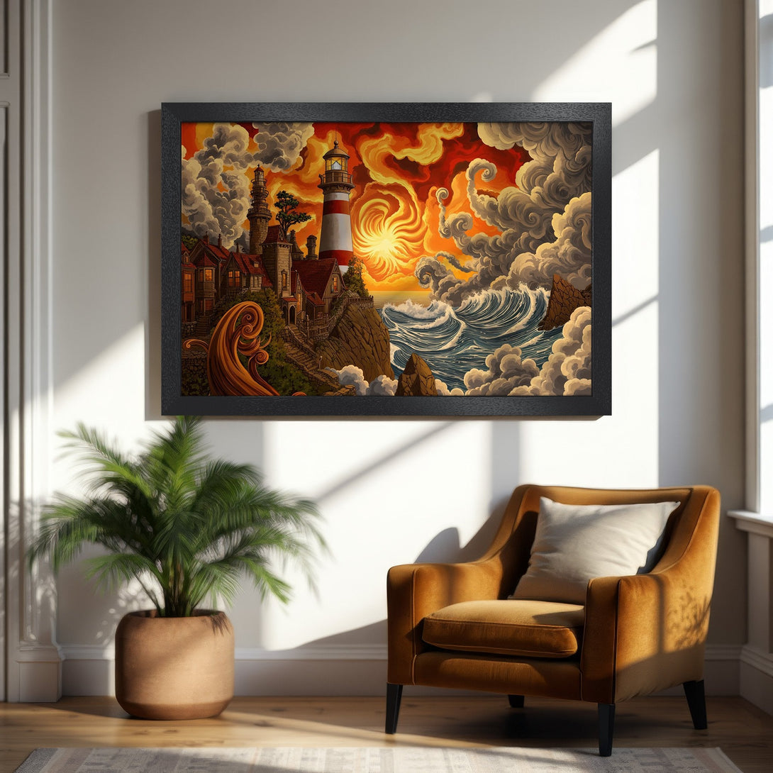 Framed Poster featuring a lighthouse scene in warm tones. Coastal art print with vibrant orange, red, and blue color palette. Perfect wall decor.