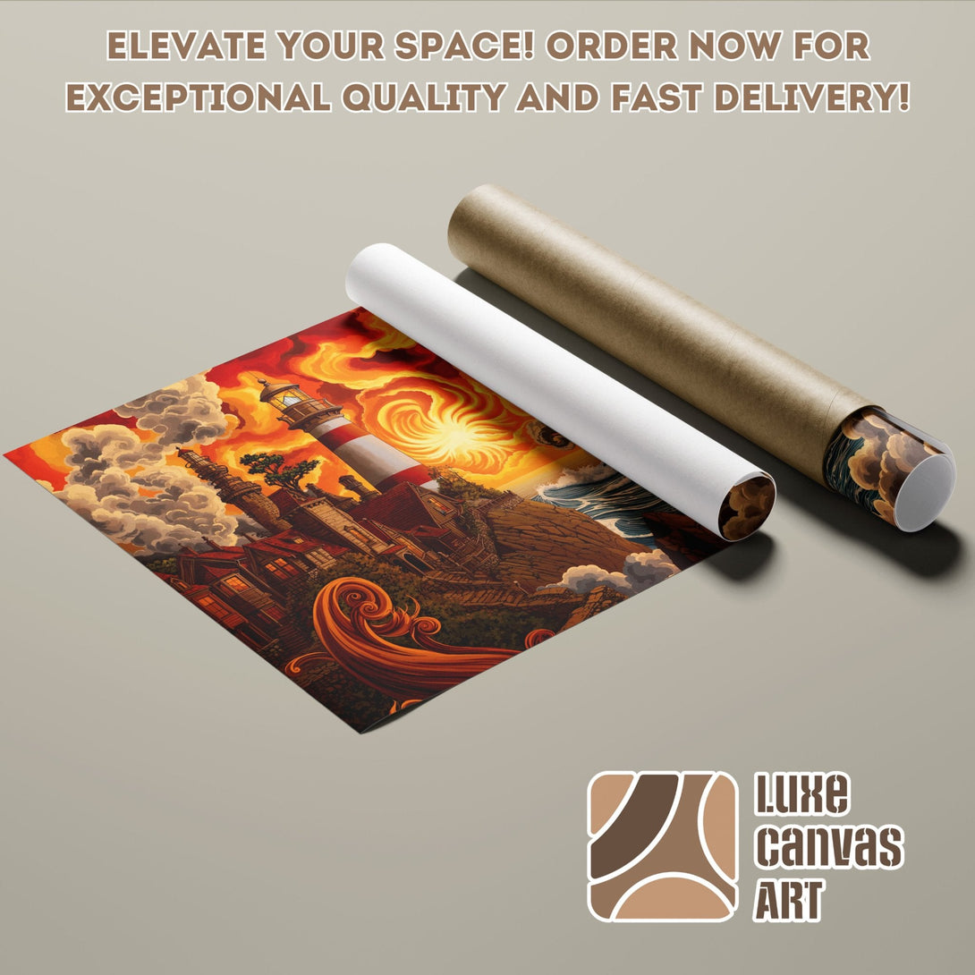 Poster Roll featuring a lighthouse scene in warm orange tones, perfect wall art.
