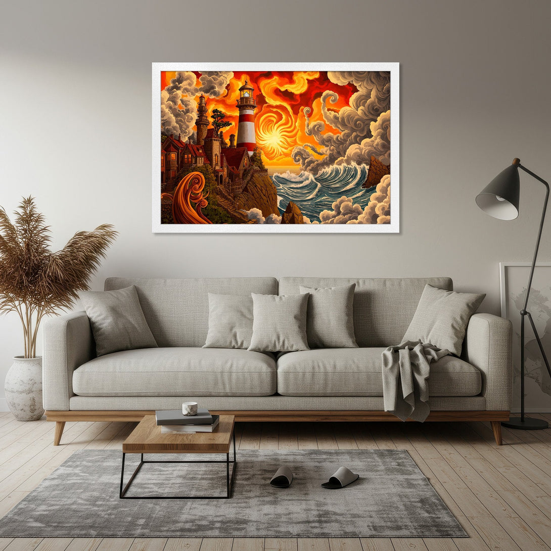 Framed Poster featuring a lighthouse scene in a vibrant, stylized art style with warm orange and blue tones. Perfect wall decor!