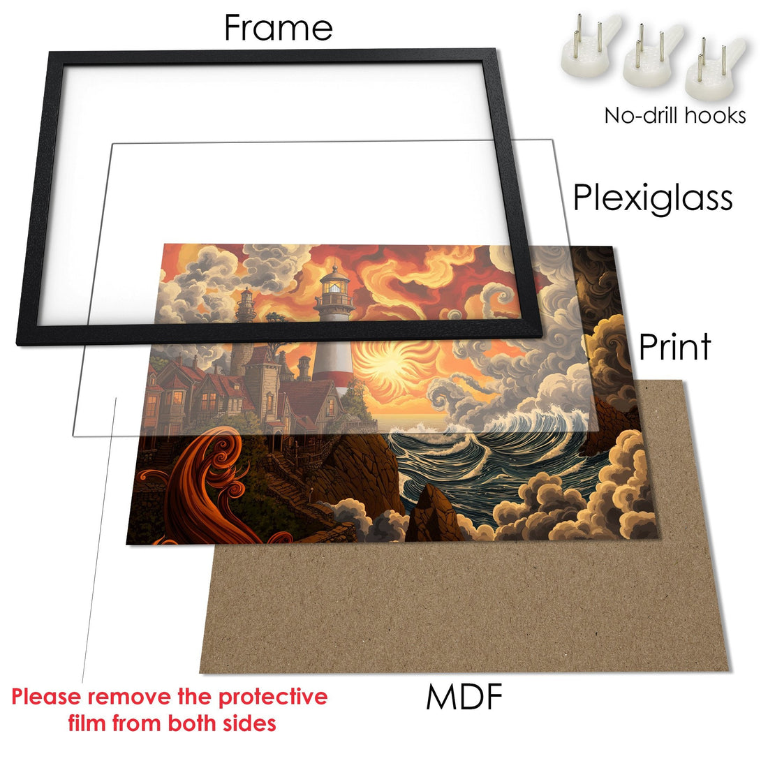 Framed Poster featuring a lighthouse scene in warm sunset tones. Artistic style with a vibrant color palette. Perfect wall art!