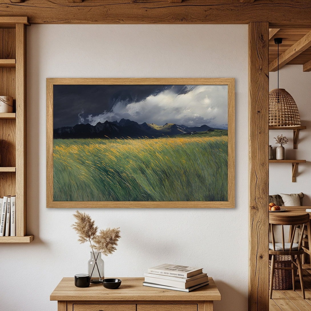 Framed Poster of a dramatic landscape with mountains and field. Earthy tones, artistic style, perfect for home decor.