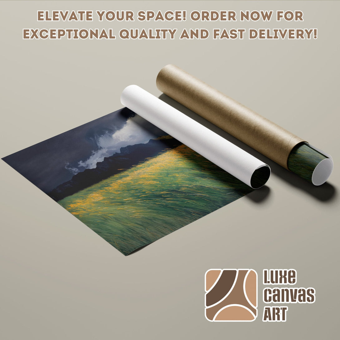 Poster Roll featuring a landscape scene with dark blues, greens, and golds. Elevate your space with Luxe Canvas Art!