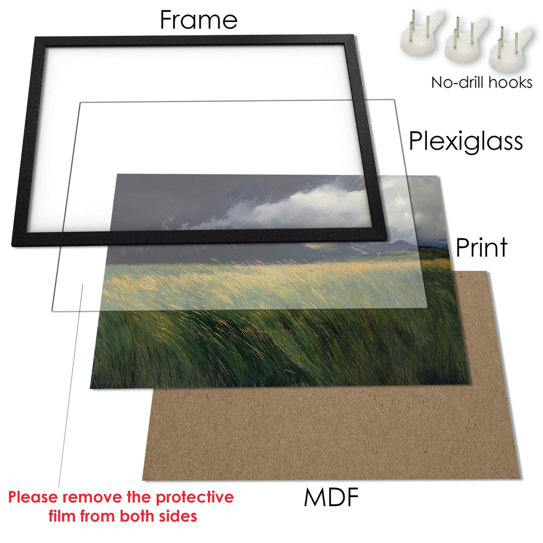 Framed Poster: Landscape art print with grassy field & cloudy sky, neutral tones, ready to hang. Add nature to your decor!