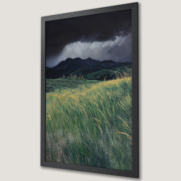 Framed Poster of a dramatic landscape with mountains and tall grass. Moody style, green and gold color palette. Perfect wall art.
