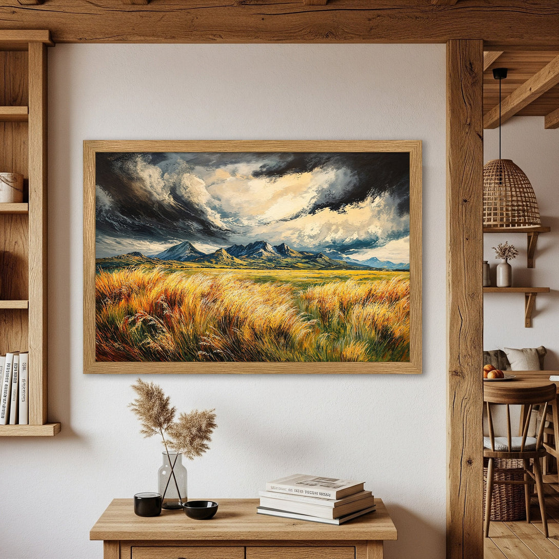 Framed Poster of a dramatic landscape painting. Featuring mountains, fields, and stormy skies in a warm, earthy color palette. Perfect wall art!