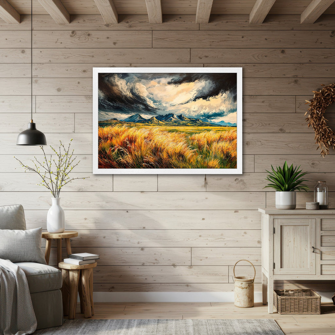 Framed Poster of a landscape painting with mountains and wheat field. Impressionistic style, warm color palette. Perfect wall art for your home!