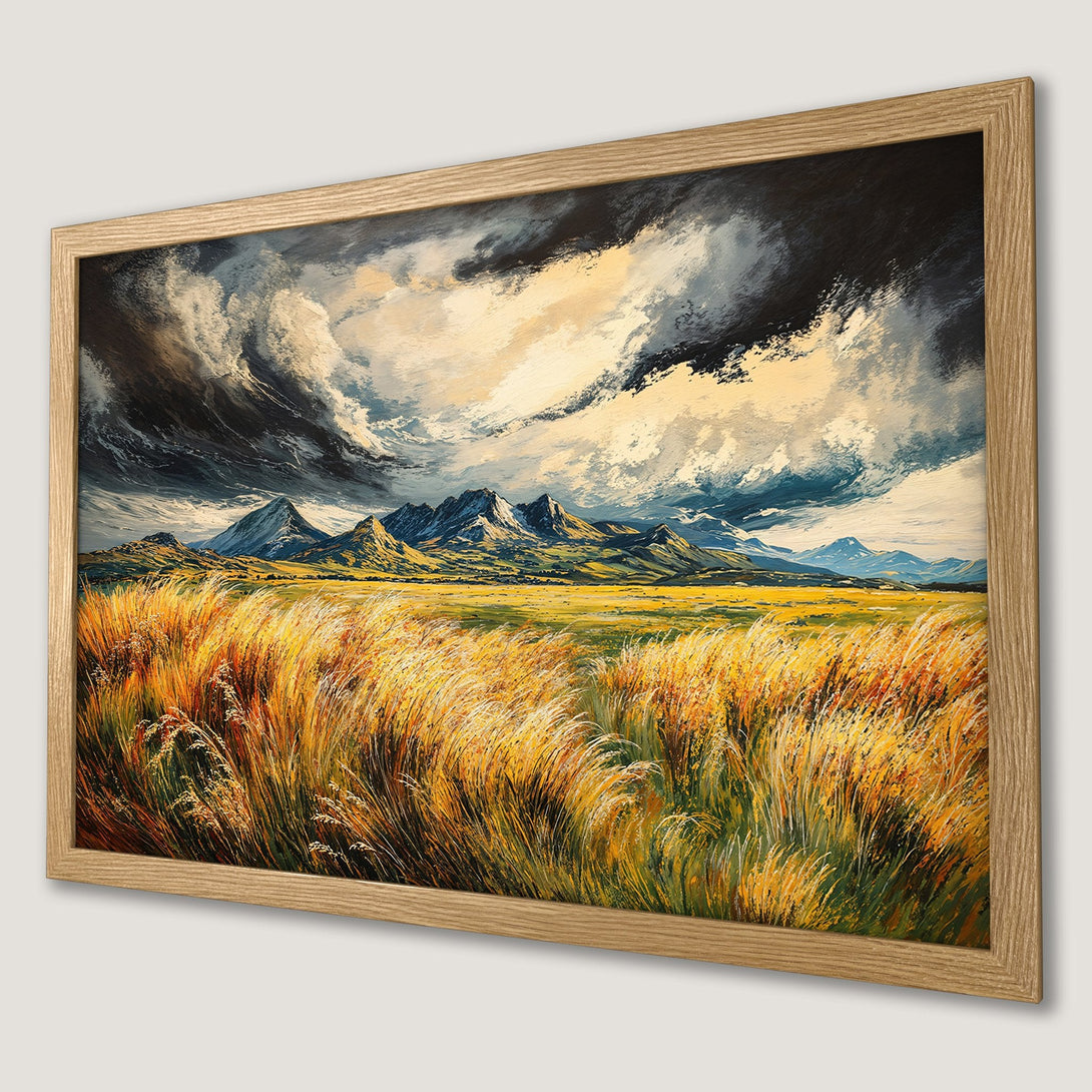 Framed Poster of a landscape painting with mountains, field, and dramatic sky. Warm yellow, green, and blue color palette.