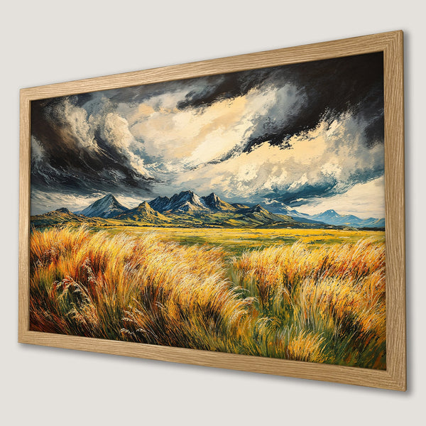 Framed Poster of a landscape painting with mountains, field, and dramatic sky. Warm yellow, green, and blue color palette.