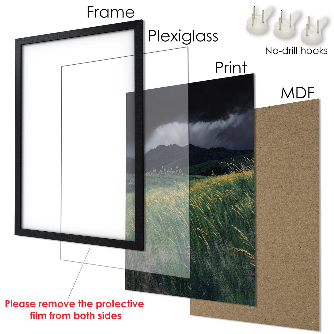 Framed Poster of a landscape scene with green and yellow grass, dark sky, and black frame. Ready to hang!