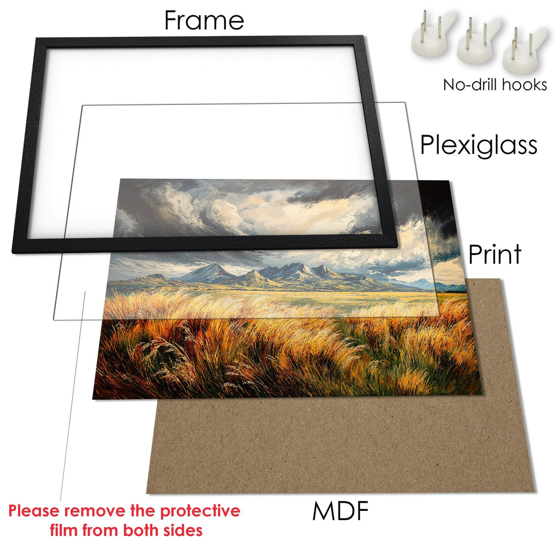 Framed Poster of a landscape painting in warm tones. Features a black frame and no-drill hooks.