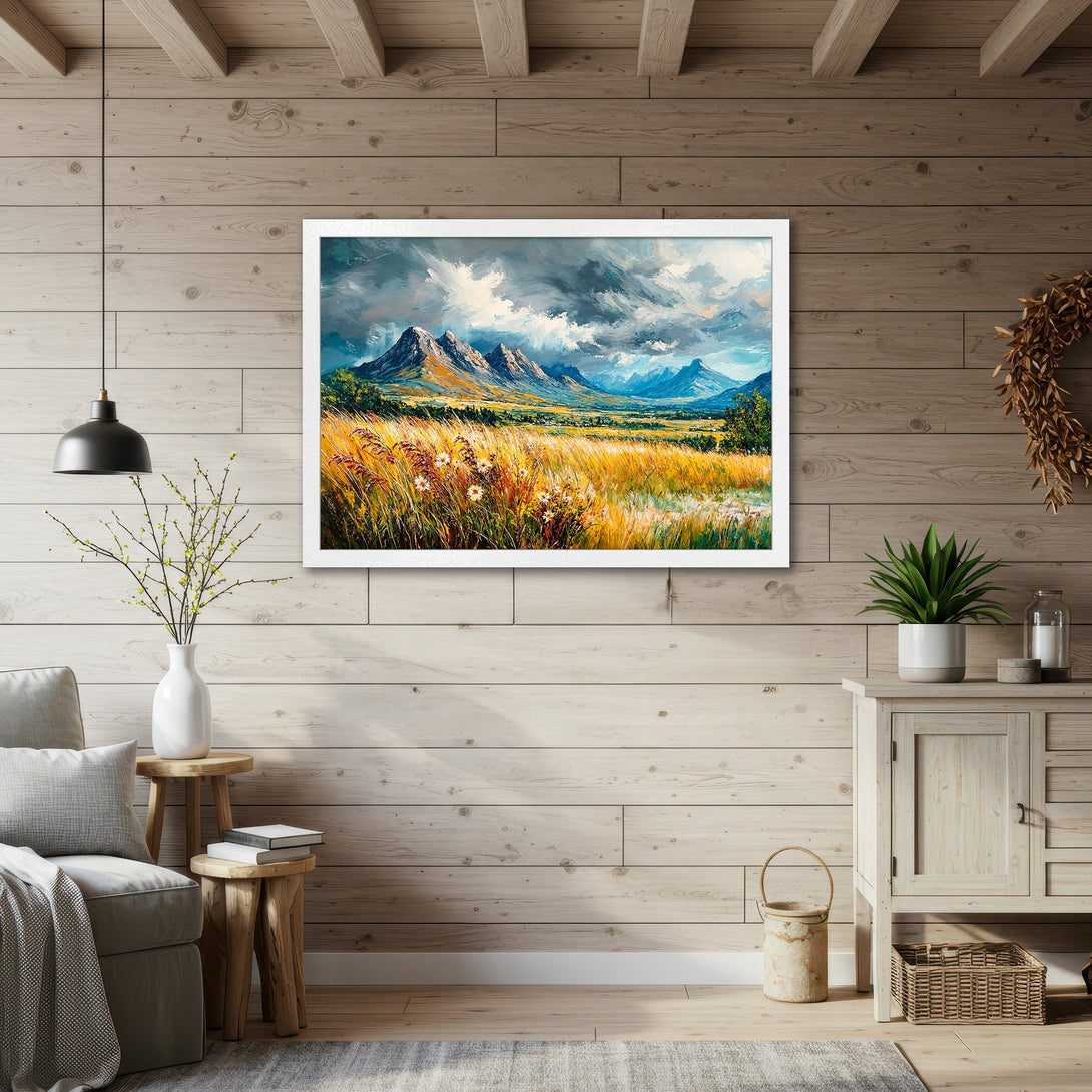 Framed Poster featuring a mountain landscape painting in a rustic style with a blue, green, and yellow color palette.