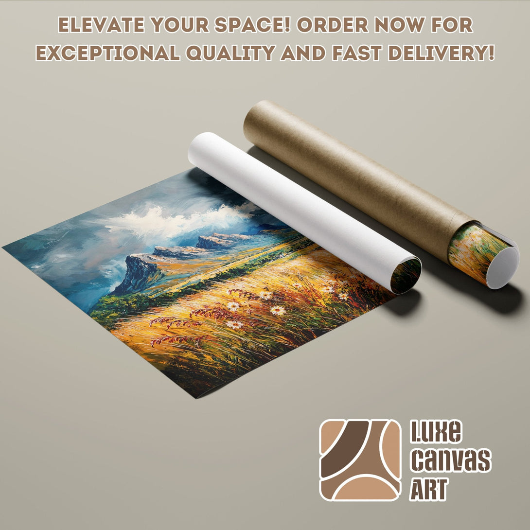 Poster Roll of a landscape painting in blue, yellow, and brown tones. Elevate your space!