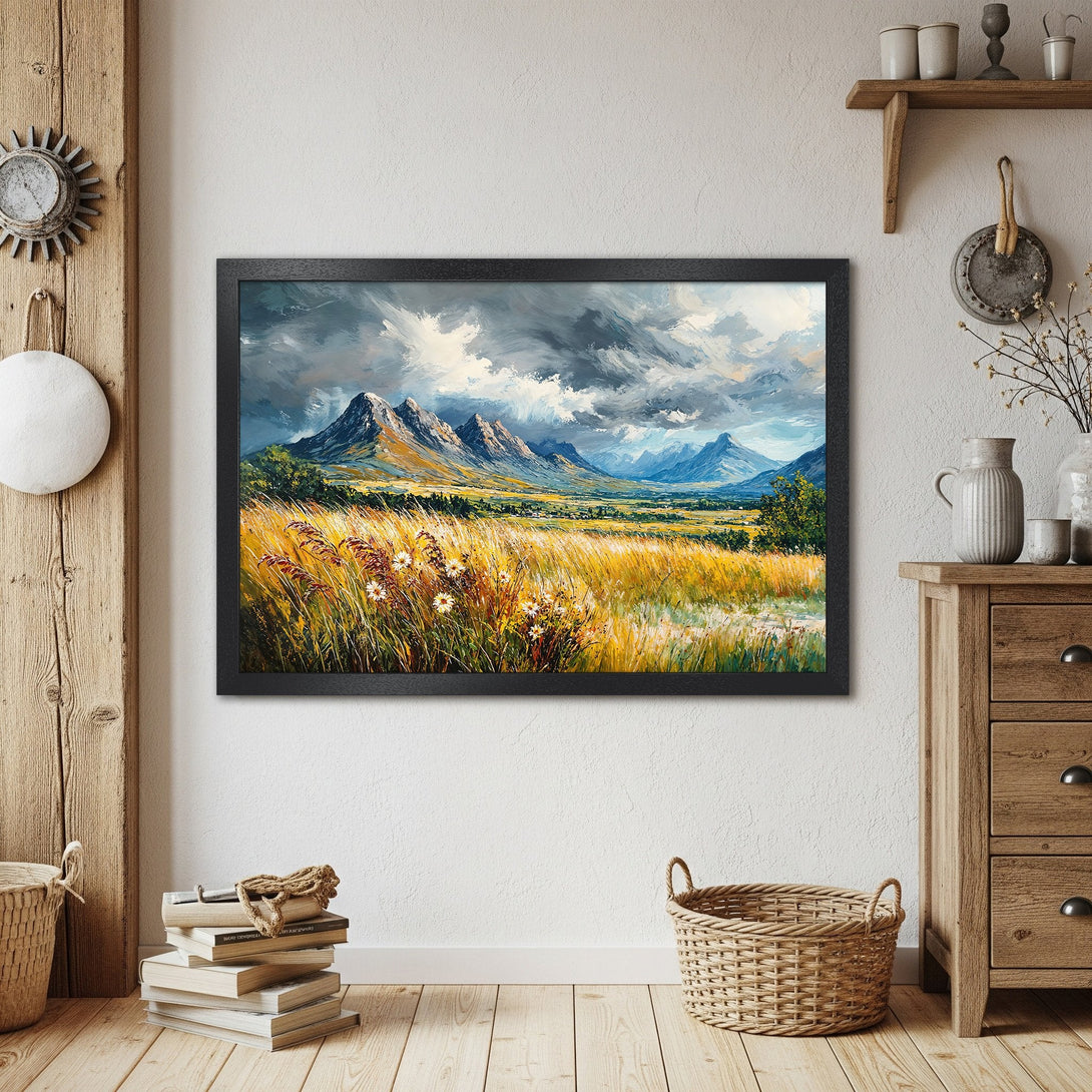 Framed Poster of a mountain landscape painting, impressionistic style with a warm yellow, blue, and gray color palette.
