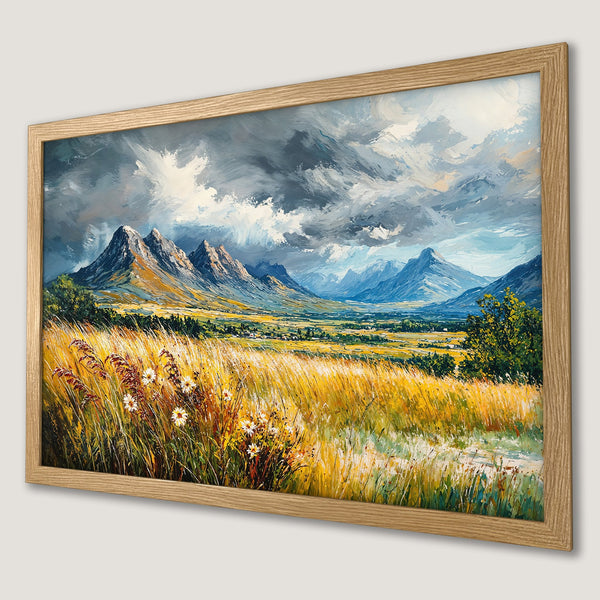 Framed Poster of a mountain landscape painting in an impressionist style with a warm, earthy color palette.