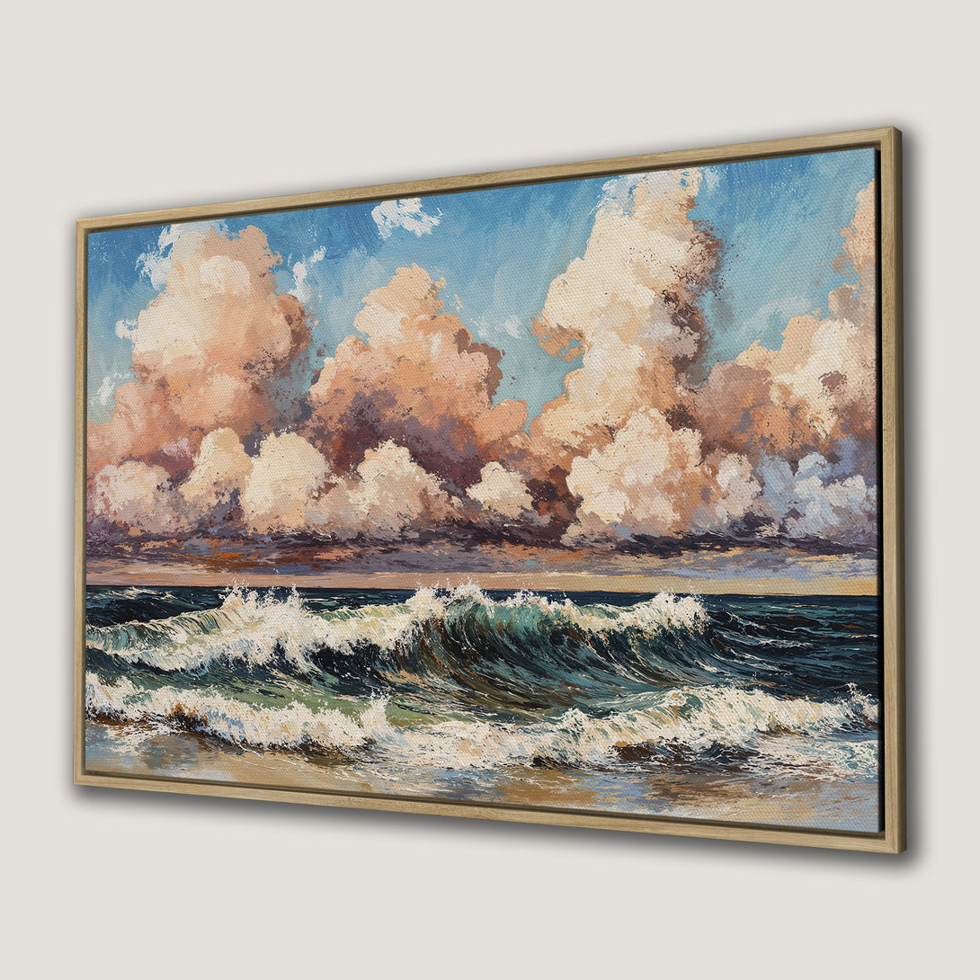 Framed Wall Art Canvas Print of a dramatic ocean scene with waves and clouds. Warm color palette of blues, browns, and whites. Perfect for coastal decor.