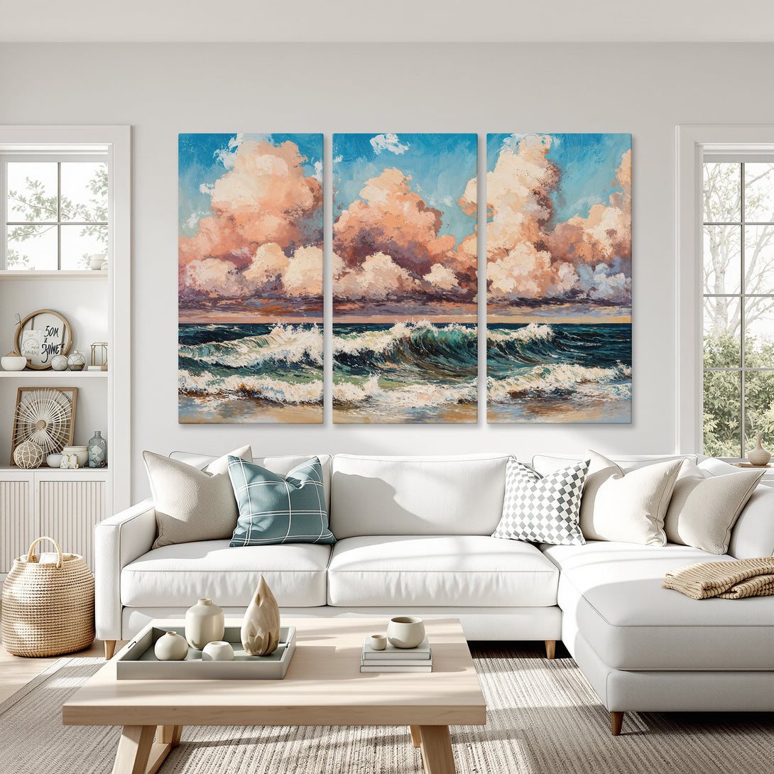 Canvas Print of a seascape with vibrant clouds and ocean waves. Impressionistic style, warm peach and blue color palette. Perfect wall art for your home!