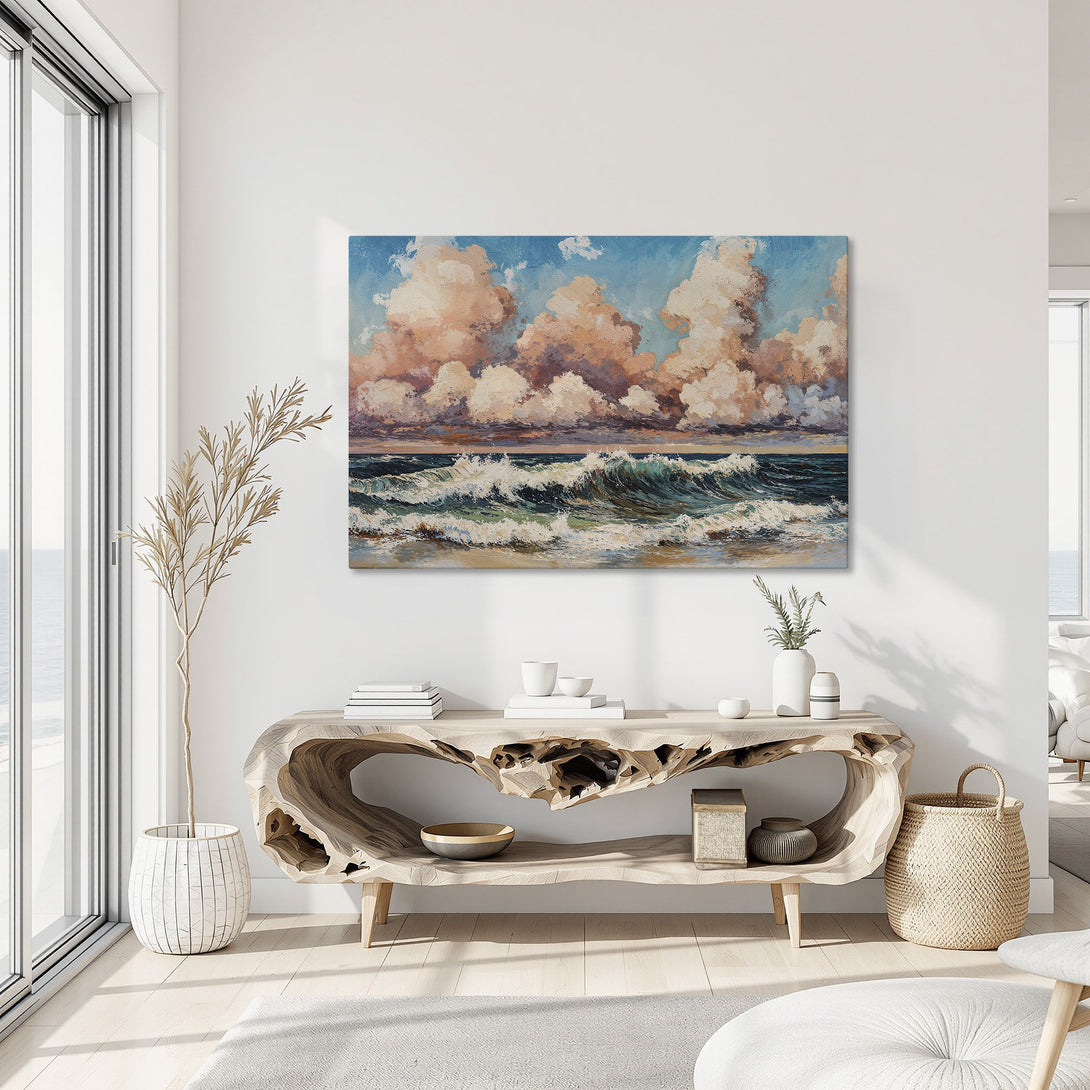 Framed Wall Art featuring a vibrant seascape painting with dramatic clouds and crashing waves in a coastal interior, showcasing a warm color palette.