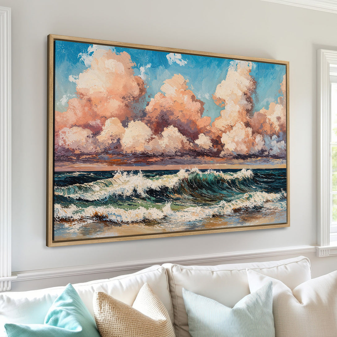 Framed Wall Art: Ocean waves painting with a warm, pastel color palette. Coastal artwork adds a serene touch to any interior.