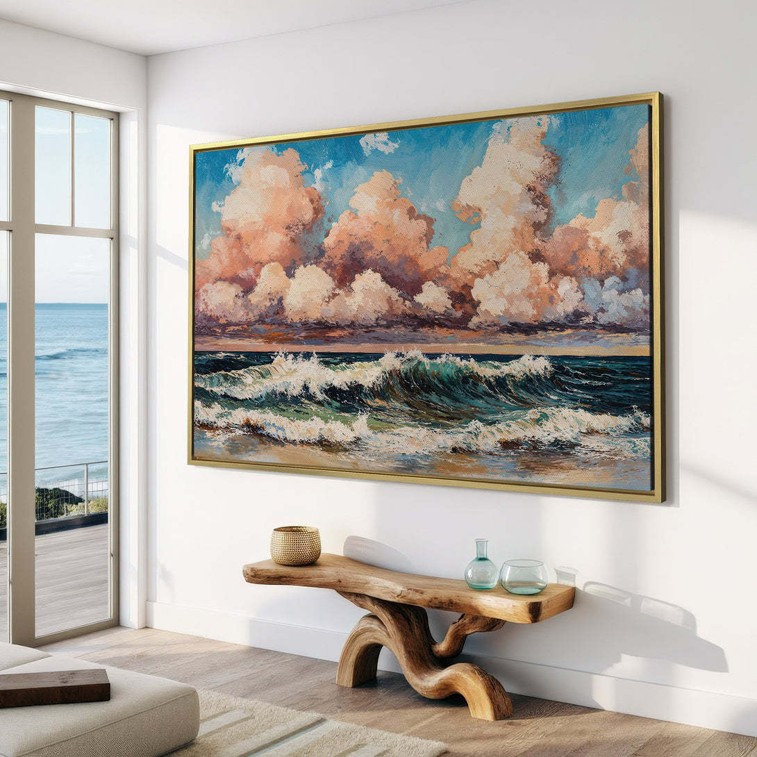 Canvas Print of an ocean scene with a blue and peach color palette, displayed in a bright, modern interior.