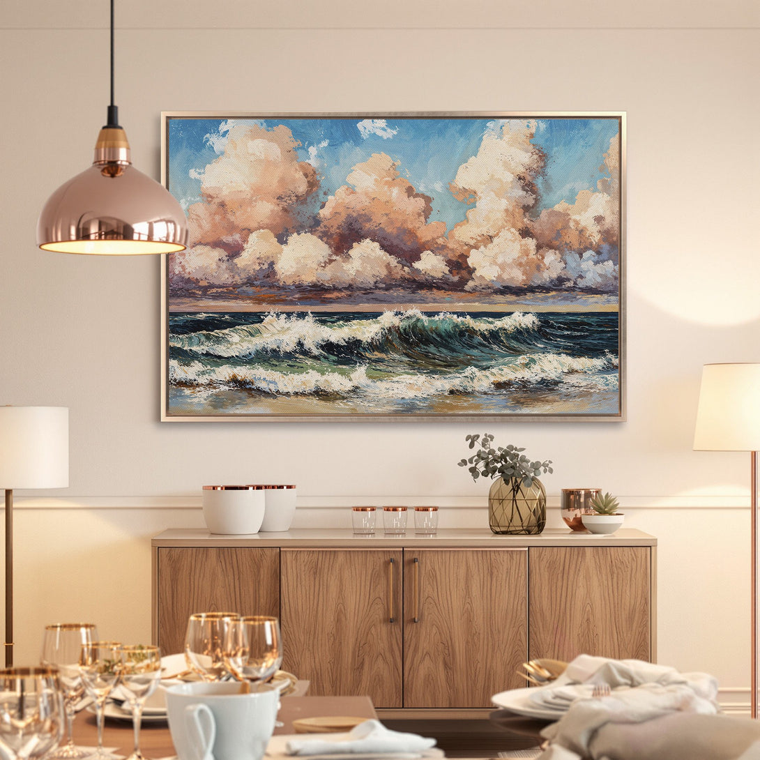 Framed Wall Art: Ocean waves canvas print with a blue, teal, and peach color palette. Coastal artwork perfect for any home decor style.