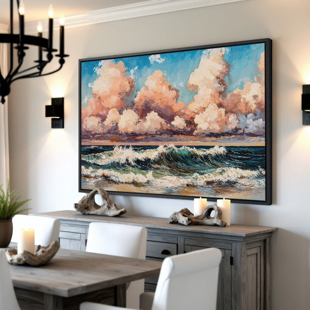 Framed Wall Art featuring an ocean wave painting with a warm, inviting color palette. Coastal art perfect for any home.