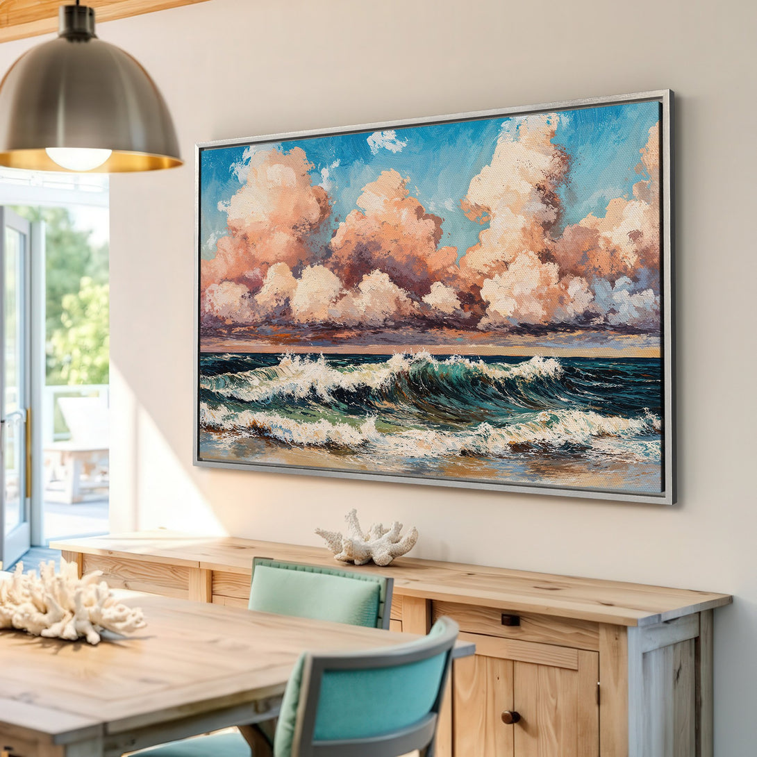 Framed Wall Art: Coastal seascape canvas print with dramatic clouds and ocean waves. Warm color palette, perfect for living room decor.