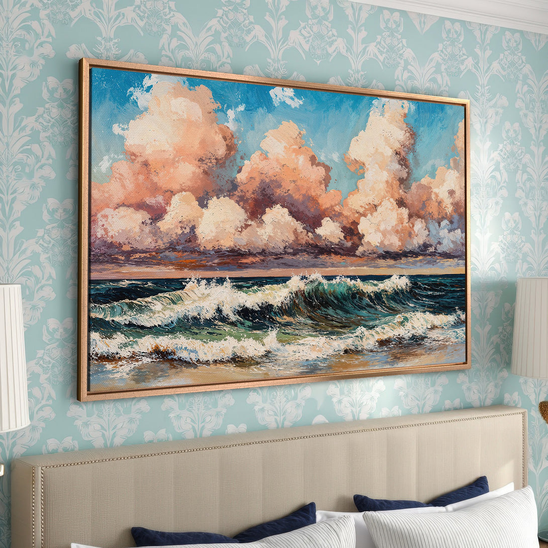 Framed Wall Art: Coastal landscape Canvas Print with vibrant blues, greens, and warm peach tones. Perfect for adding a touch of serenity to any room.