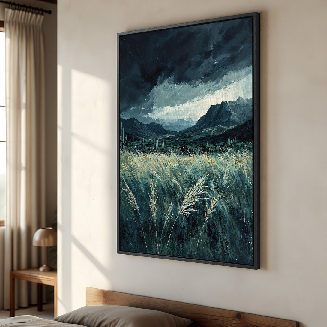 Framed Wall Art: Dramatic landscape Canvas Print with moody blues and greens. Perfect for adding a touch of nature-inspired art to your home decor.