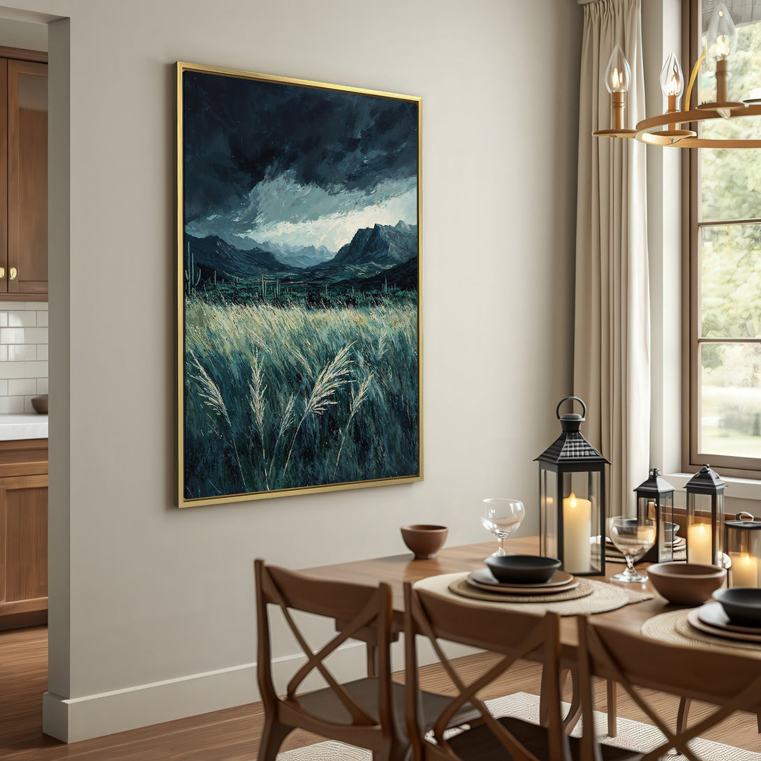 Canvas Print of a moody landscape painting with dark blues, greens, and beige tones. Rustic style art perfect for home decor.