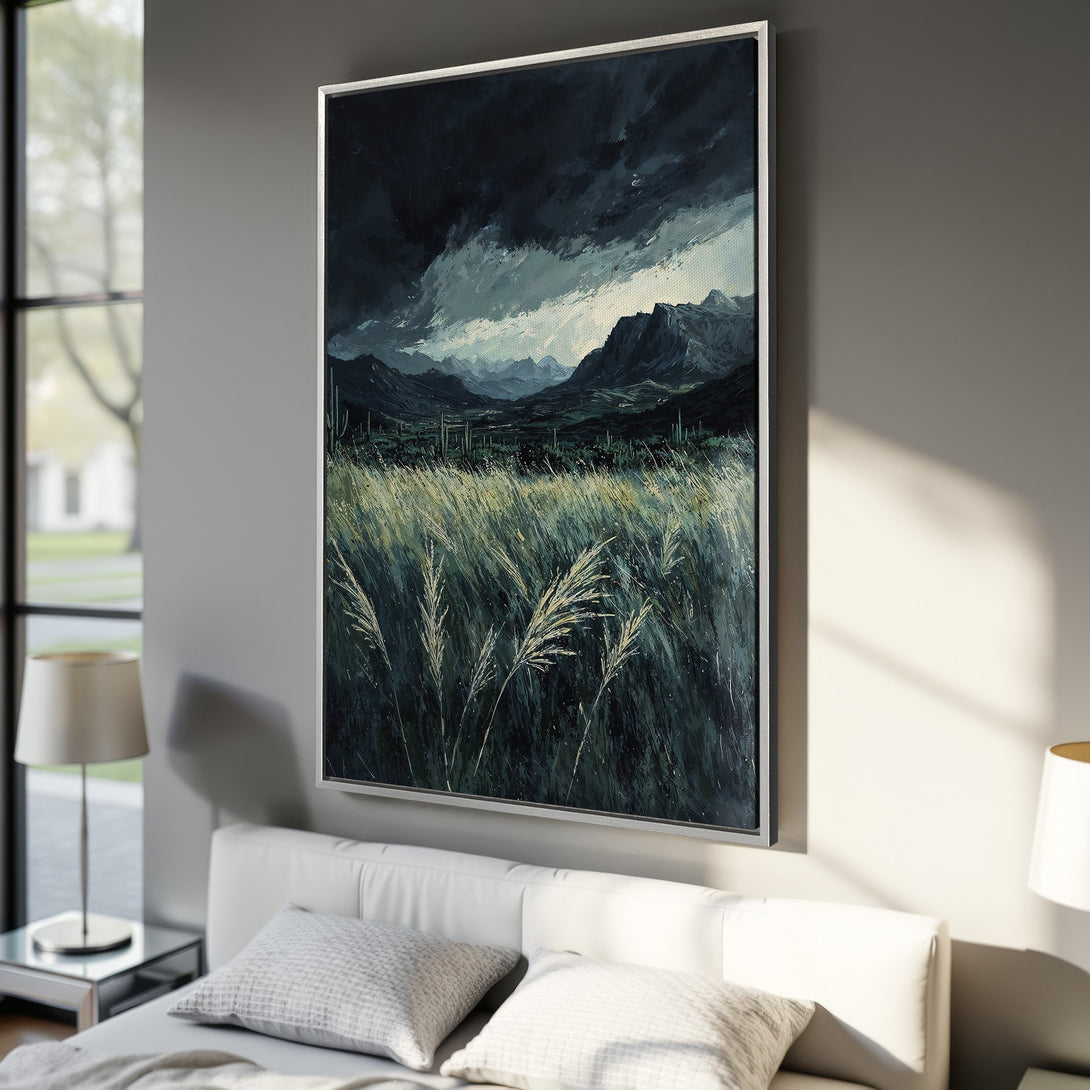 Framed Wall Art: Dramatic landscape Canvas Print with dark sky and mountains. Moody, painterly style with a cool, green and blue color palette. Perfect for modern decor.