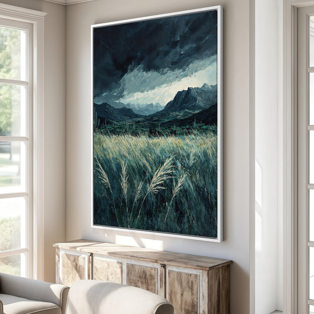 Framed Wall Art: Dramatic landscape Canvas Print in moody blues and greens. Evokes a serene yet powerful atmosphere, perfect for any interior.