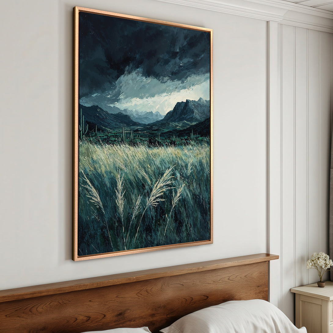 Framed Wall Art: Dramatic landscape Canvas Print with moody mountains and grassy field in a teal and gray color palette. Perfect for modern decor.